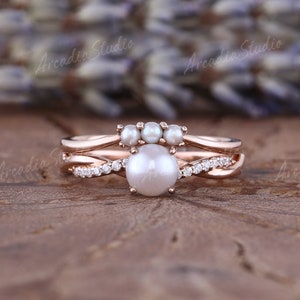 Akoya Perle Verlobungsring Set Rose Gold Moissanite / Diamant Ehering Set Art Deco Juni Birthstone Twist Passendes Ring Set Für Frauen