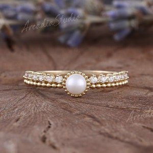 Vintage Akoya Pearl Engagement Ring Yellow Gold Milgrain Pearl Wedding Ring Art Deco Milgrain Moissanite Bridal Ring Pearl Promise Ring