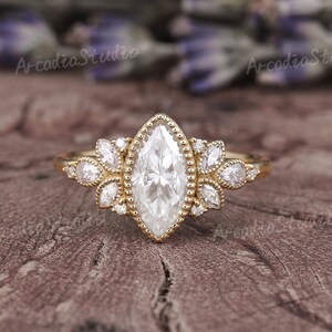 Vintage Marquise Cut Moissanite Engagement Ring Unique Moissanite Cluster Wedding Ring Delicate Mligrain Yellow Gold Bridal Ring For Women