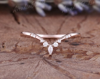 Vintage Moissanite Wedding Band Marquise Cut Rose Gold Diamond Moissanite Band Unique Curved Wedding Ring Minimalist Stacking Matching Band