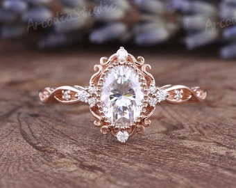 Anillo de compromiso vintage de moissanita con corte ovalado único, anillo de bodas de diamantes en racimo, oro rosa, estilo art déco, floral, anillo de compromiso nupcial, anillo milgrain.