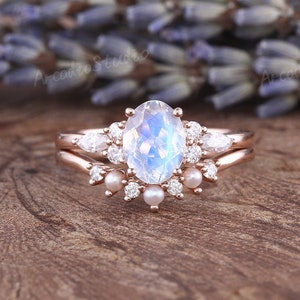 Oval Cut Moonstone Engagement Ring Set Women Unique Rose Gold Cluster Moissanite Bridal Set Vintage Pearl Curved Stacking Matching Ring