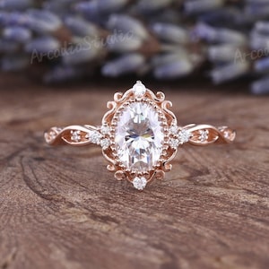 Vintage Moissanite Engagement Ring Unique Oval Cut Cluster Diamond Wedding Ring Rose Gold Art Deco Floral Bridal Promise Ring Milgrain Ring