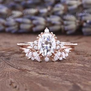 Vintage Moissanite engagement ring set Rose gold oval shaped cluster diamond bridal set Unique Marquise moissanite open wedding ring set