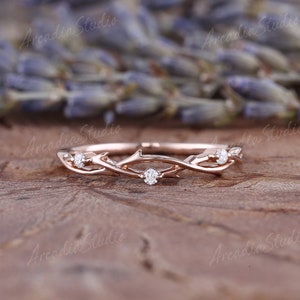 Leaf Moissanite Wedding Band Diamond Vine Ring Rose Gold Ring Vintage Twig Ring Unique Branch Band Stacking Matching Band Handmade Ring
