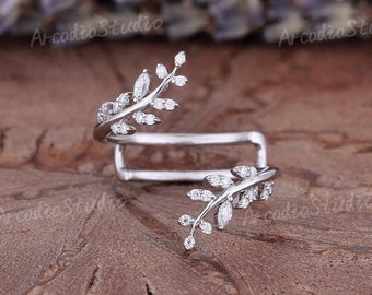 Vintage Moissanite Wedding Band Natural Inspired Leaf Shaped Bridal Band Art Deco White Gold Enhancer Ring Art Deco Diamond Wedding Ring