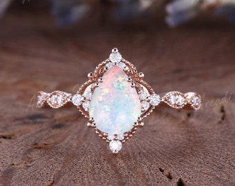 Vintage Opal Engagement Ring Pear Cut Rose Gold Cluster Moissanite Wedding Ring Unique Milgrain Bridal Promise Ring Anniversary Gift For Her