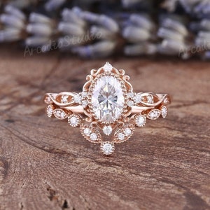 Vintage Oval Moissanite Bridal Set Rose Gold Moissanite Engagement Ring Set Unique Cluster Floral Ring Set Chevron Moissanite Wedding Band