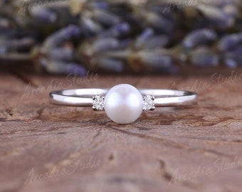 Akoya Pearl Engagement Ring White Gold Vintage Pearl Wedding Ring Unique Cluster Moissanite/Diamond Ring June Birthstone Anniversary Ring