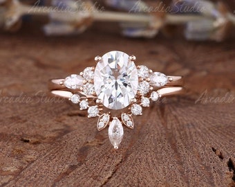 Oval Cut Moissanite Engagement Ring Set Rose Gold Cluster Moissanite Wedding Ring Set Curved Marquise Moissanite Bridal Set Promise Gift