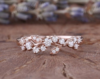 Unique Leaf Moissanite Engagement Ring Rose Gold Round Cut Vintage Leaf Moissanite Wedding Ring Art Deco Moissanite Leaf Floral Bridal Ring