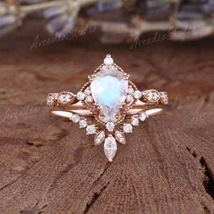 Vintage Moonstone Engagement Ring Set Pear Rose Gold Moonstone Wedding Ring Set Unique Cluster Moissanite Bridal Set Promise Ring For Her