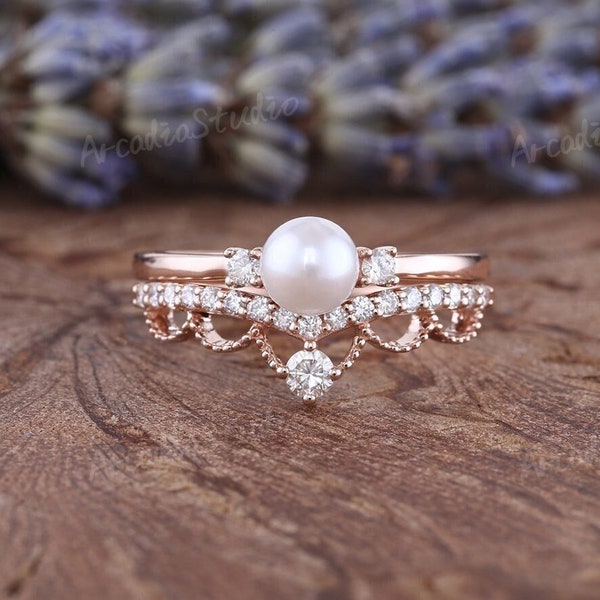 Akoya Pearl Engagement Ring Set Rose Gold Vintage Pearl Ring Set Art Deco Curved Wedding Ring Set Unique Cluster Moissanite Ring For Women