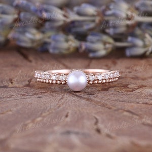 Vintage Akoya Pearl Engagement Ring Rose Gold Moissanite Wedding Ring Unique Milgrain Moissanite Ring Half Eternity Bridal Promise Ring