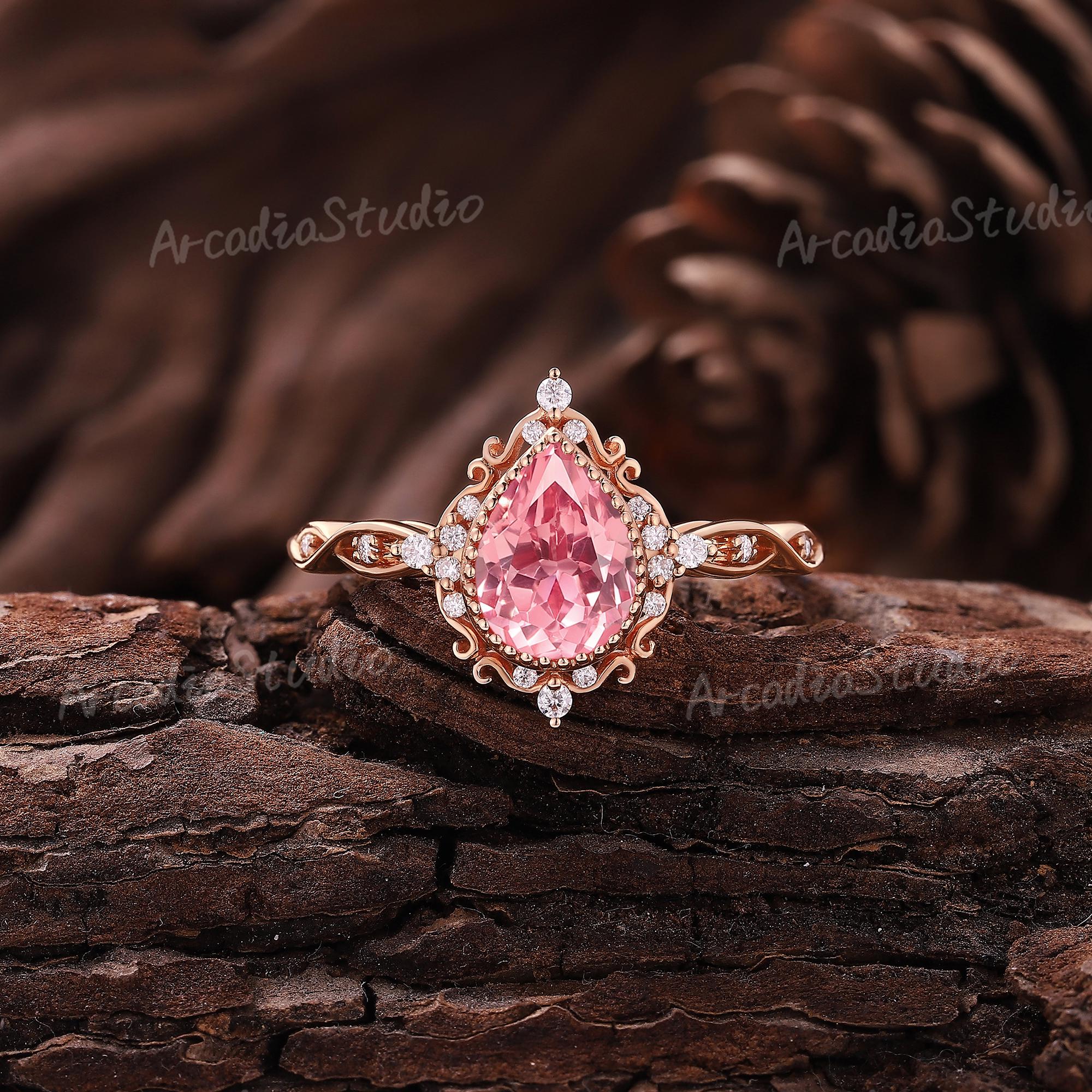 Vintage Pink Sapphire Engagement Ring 14k Gold Unique Moissanite Cluster Bridal Rings for Women Antique Milgrain Ring Custom Gift For Her
