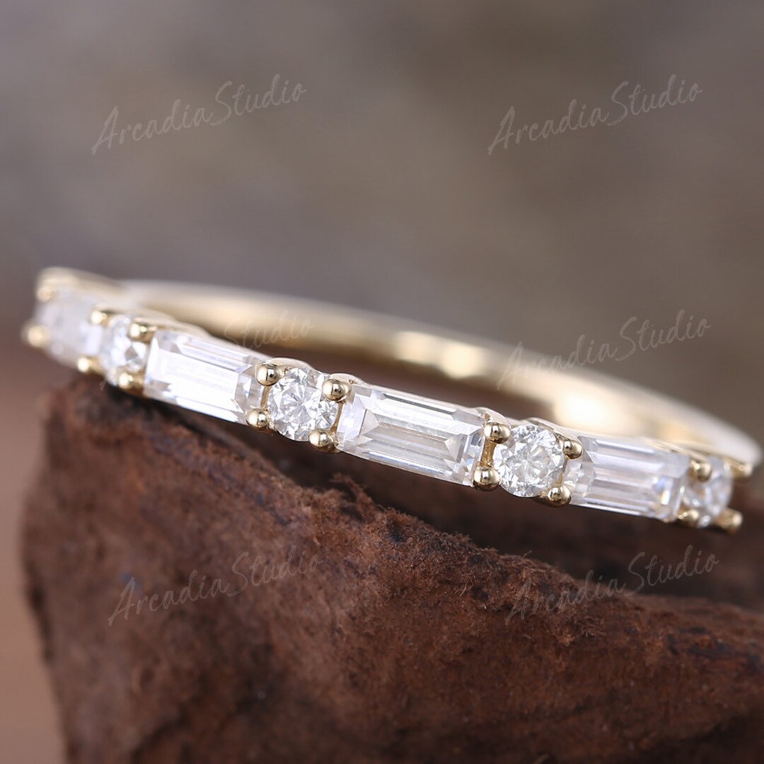 Vintage Moissanite Wedding Band Women Yellow Gold Baguette Cut Round ...