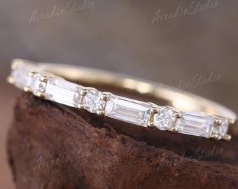 Vintage Moissanite Wedding Band Women Yellow Gold Baguette Cut Round Cut Ring Stacking Matching Band Unique Eternity Ring Promise Ring