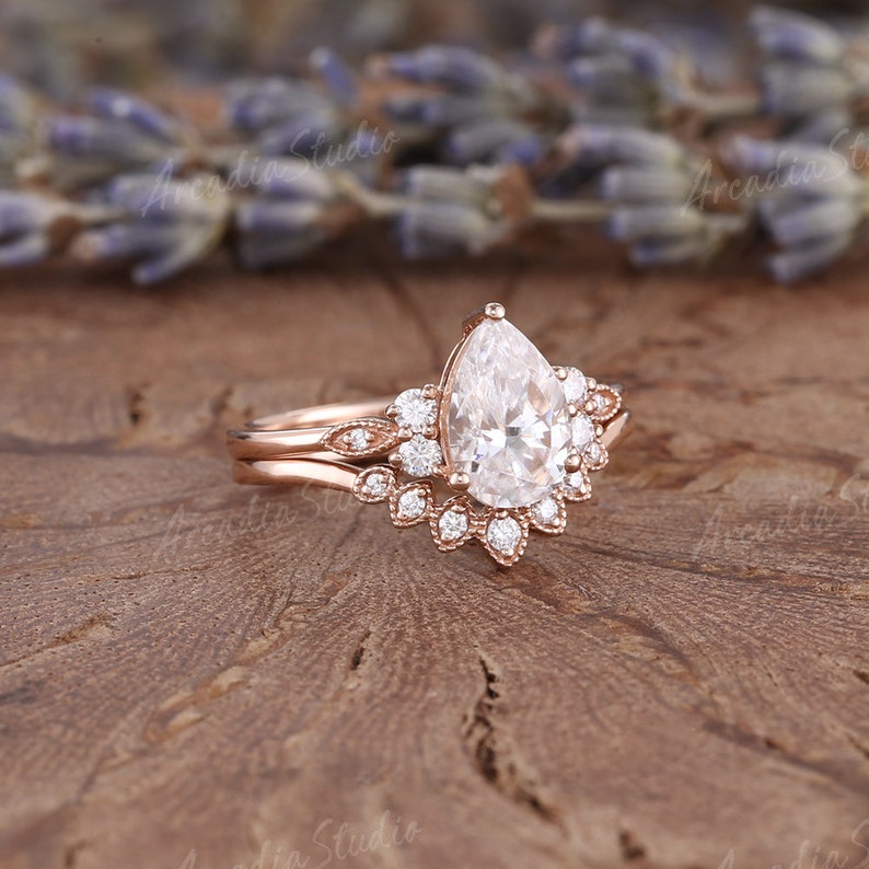 1.5ct Pear Cut Moissanite Engagement Ring Set Rose Gold | Etsy