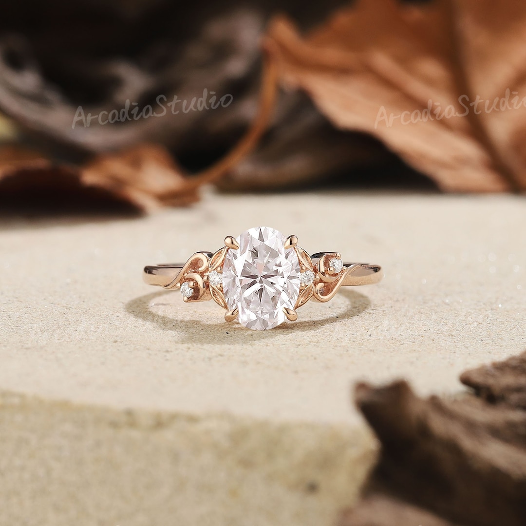 Oval Cut Moissanite Leaf Engagement Ring Solid Gold Diamond Cluster ...