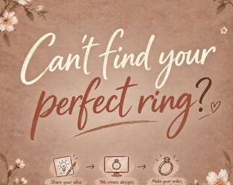 Puede incluir: Un gráfico marrón con detalles florales blancos que presenta el texto Can't find your perfect ring?, seguido de tres iconos que ilustran una bombilla con un lápiz, una pantalla de ordenador con un diseño de anillo y un anillo con el texto.