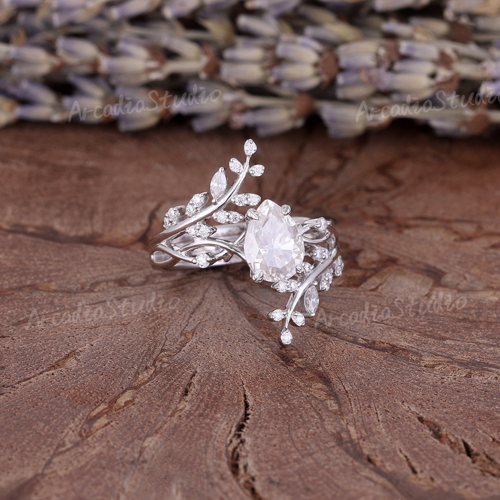 Vintage Moissanite Engagement Ring Set Unique Twisted White Gold Bridal ...