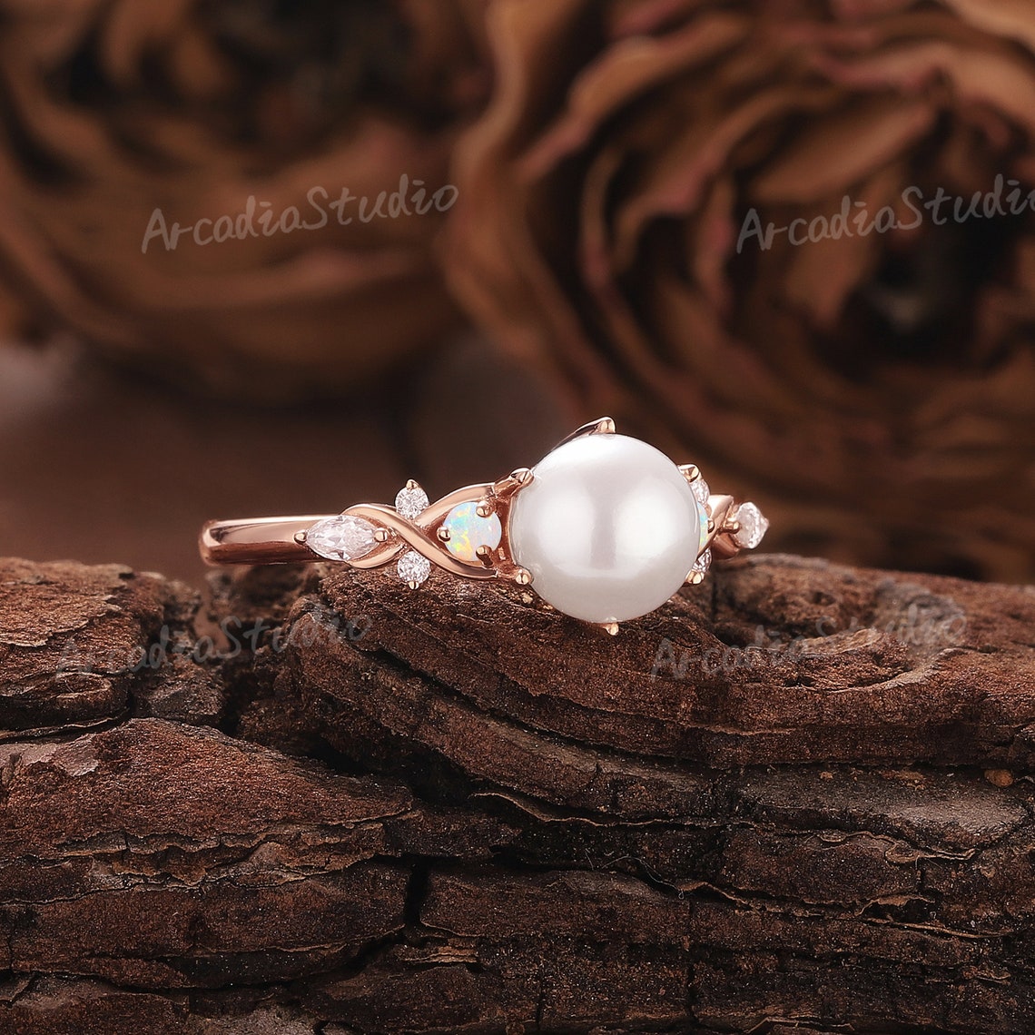 Unique Pearl Rings Unique Round Pearl Engagement Ring Vintage Rose Gold Wedding Ring Art ...