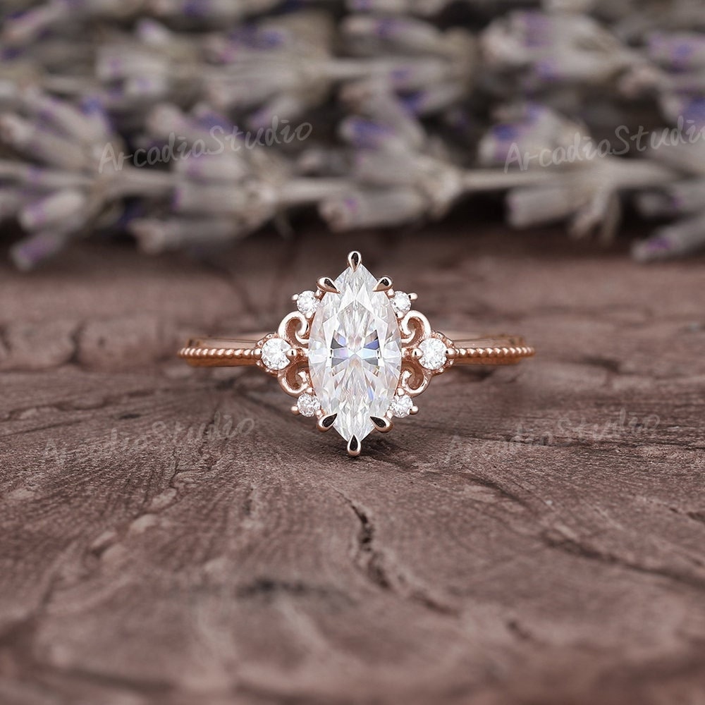 Vintage Moissanite Engagement Ring Delicate Filigree Rose Gold Wedding Ring Milgrain Bridal Ring Marquise Cut Moissanite Promise Ring Women