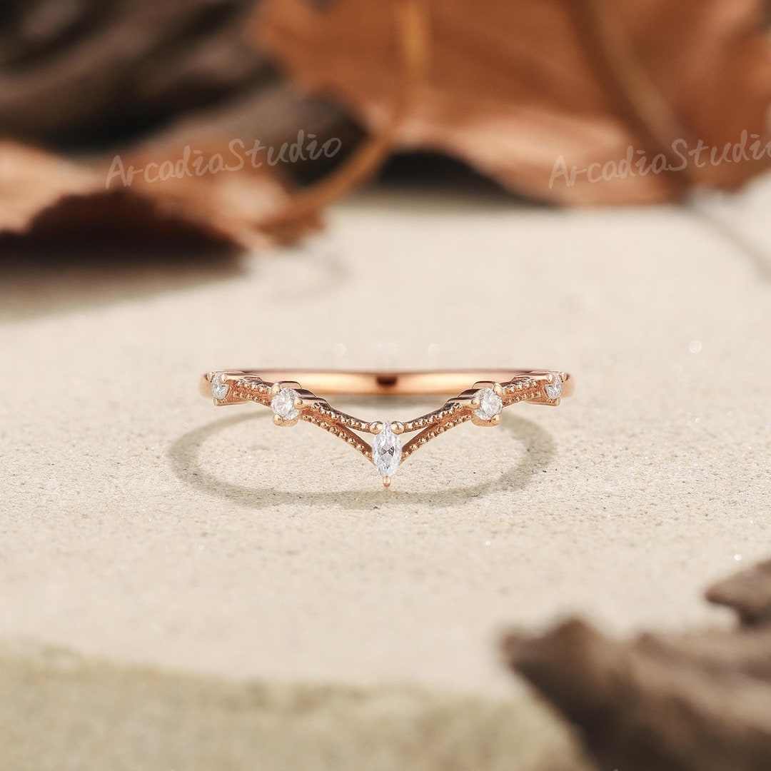 Art Deco Moissanite Wedding Band Unique Rose Gold Moissanite Wedding ...
