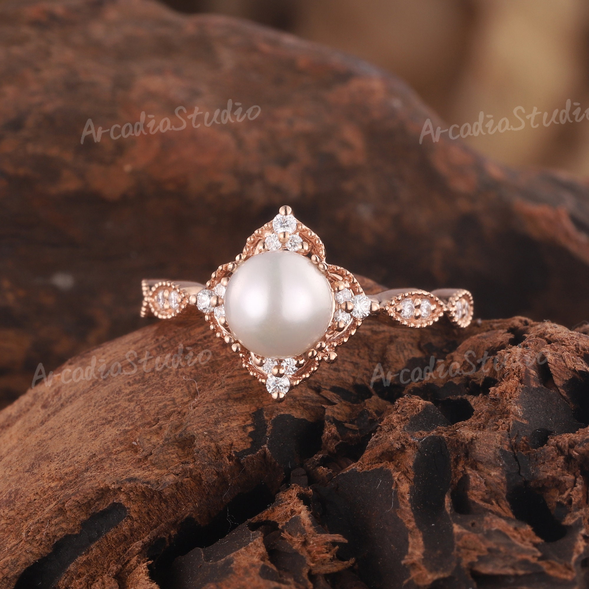 Vintage Akoya Pearl Engagement Ring Rose Gold Moissanite Cluster