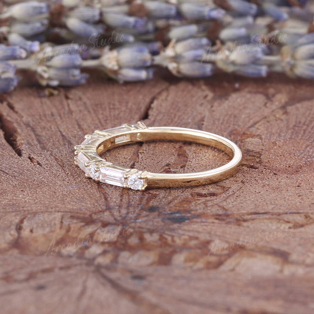 Vintage Moissanite Wedding Band Women Yellow Gold Baguette Cut Round ...