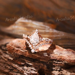 Pear Moissanite Engagement Ring Set Vintage Rose Gold Moissanite Ring Set Art Deco Cluster Moissanite Bridal Set Anniversary Promise Ring image 7