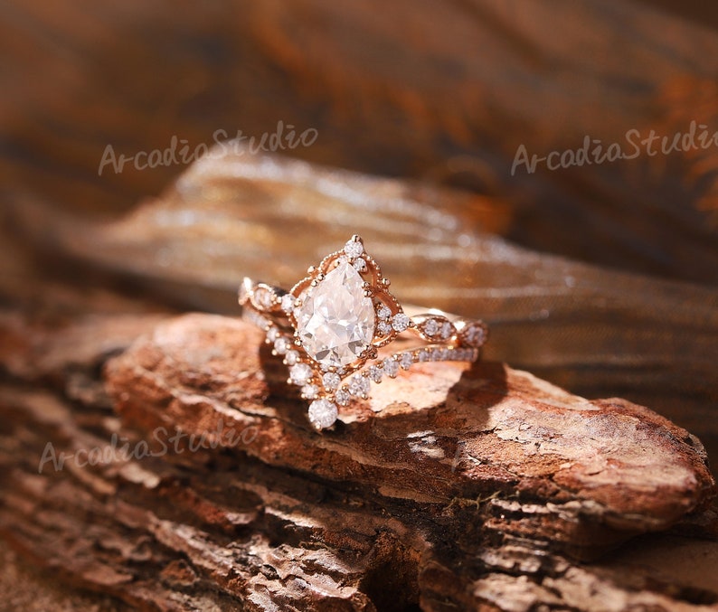 Pear Moissanite Engagement Ring Set Vintage Rose Gold Moissanite Ring Set Art Deco Cluster Moissanite Bridal Set Anniversary Promise Ring image 7