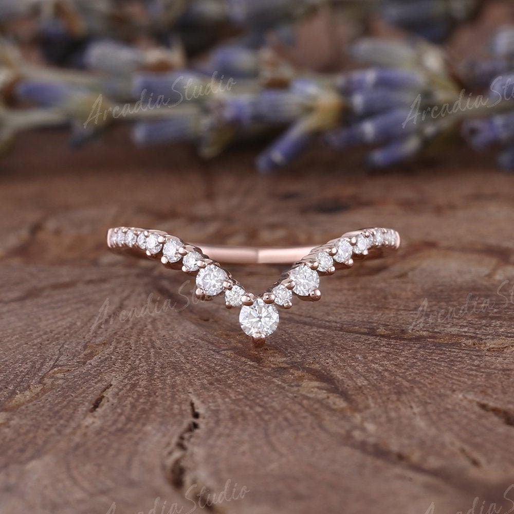 Vintage Moissanite Wedding Band Rose Gold Half Eternity Dainty Ring Vintage Round Shaped Curved Stacking Band Unique Matching Bridal Band
