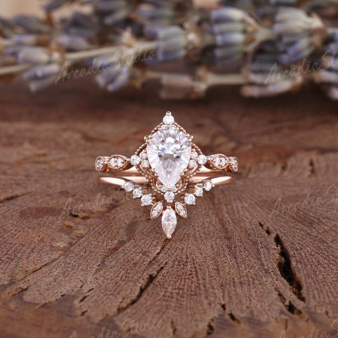 Unique Moissanite Engagement Ring Set Pear Shaped Rose Gold Vintage ...
