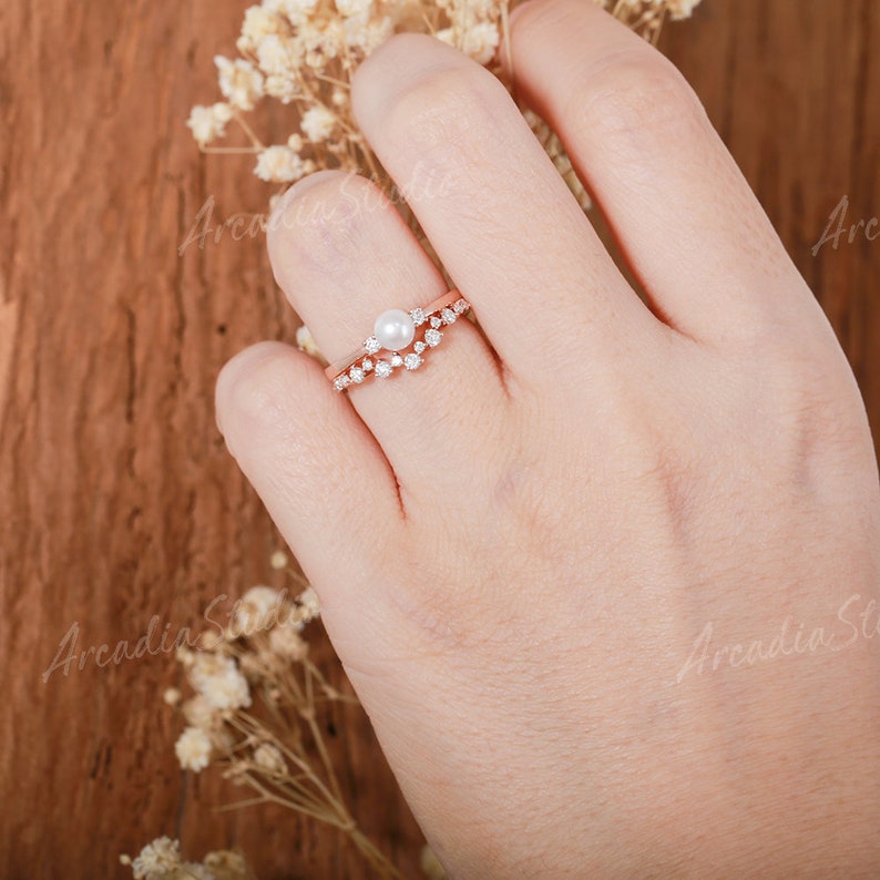 Akoya Pearl Engagement Ring Set Rose Gold Bridal Set Cluster Moissanite Half Eternity Wedding Band Curved Antique Rings June Birthstone image 7