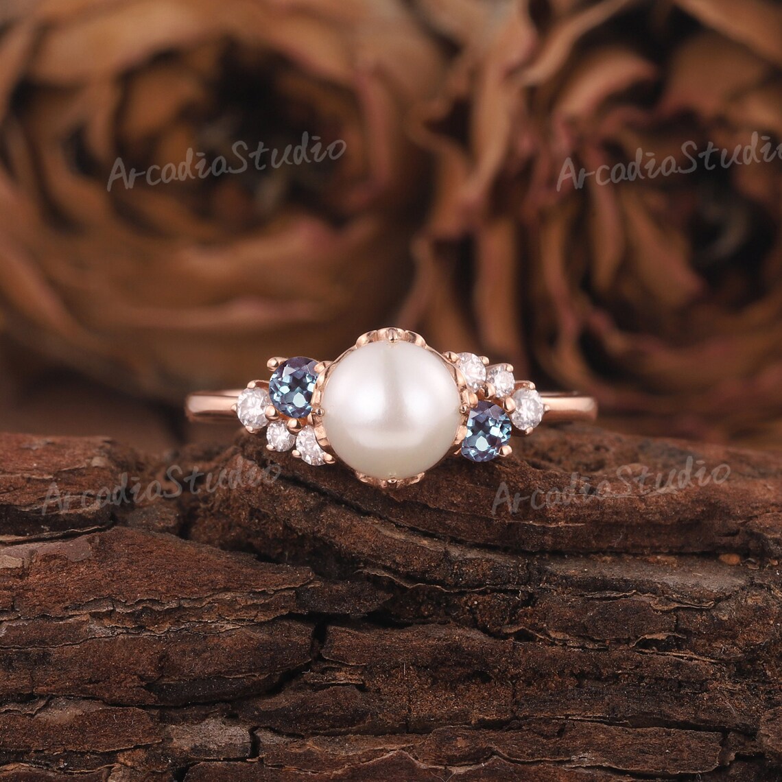 pearl and gemstone engagement ring unique Unique Akoya Pearl Engagement Ring Vintage Rose Gold image 1