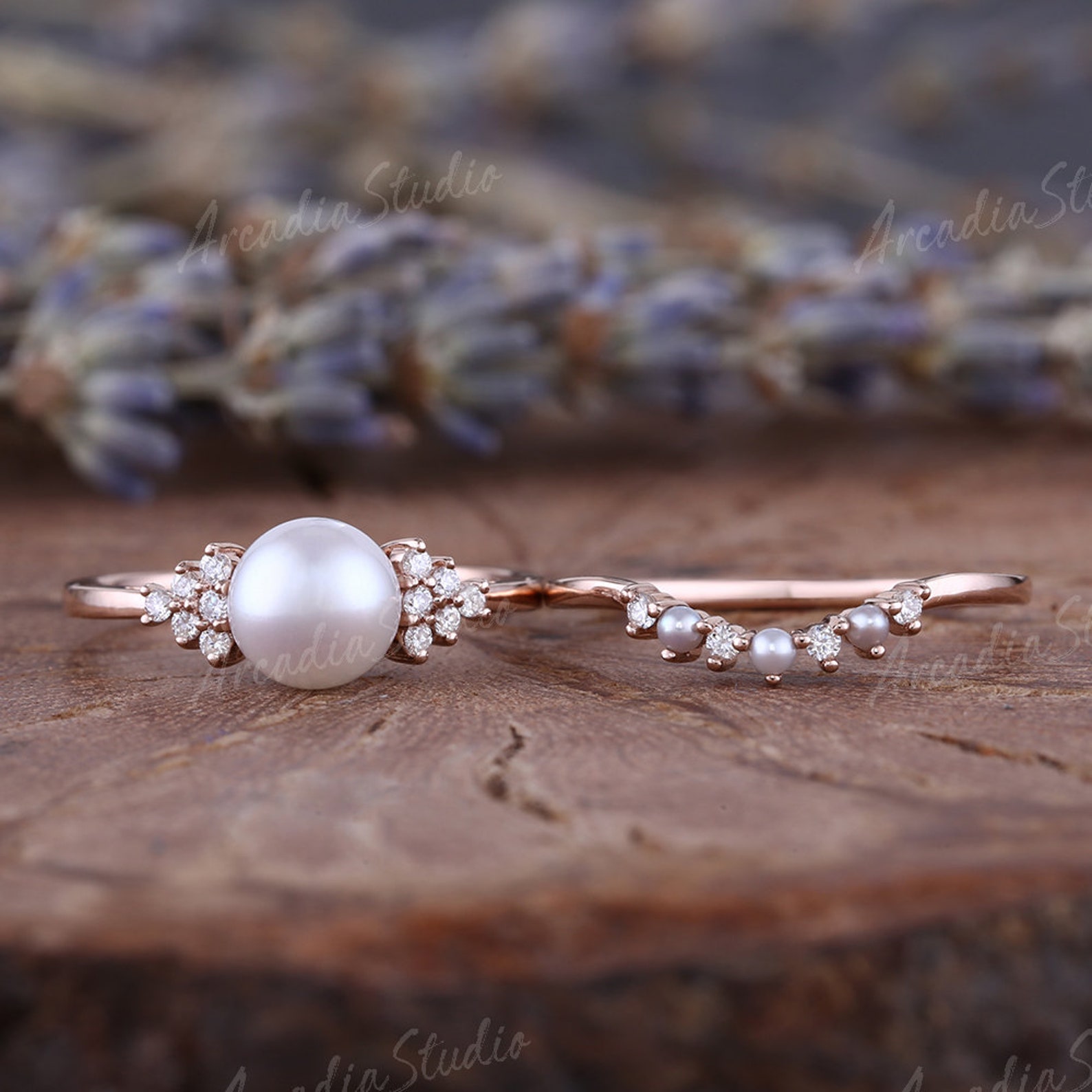 Vintage Pearl Engagement Ring Set Round Shaped Unique Rose - Etsy Vintage Pearl Engagement Ring Set Round Shaped Unique Rose - Etsy