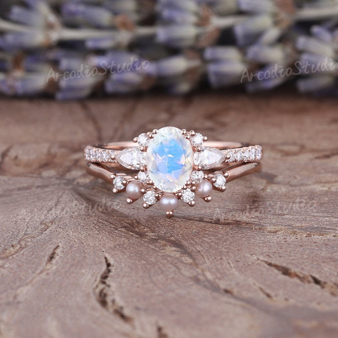 Dainty Oval Shaped Moonstone Engagement Ring Set Antique Rose - Etsy