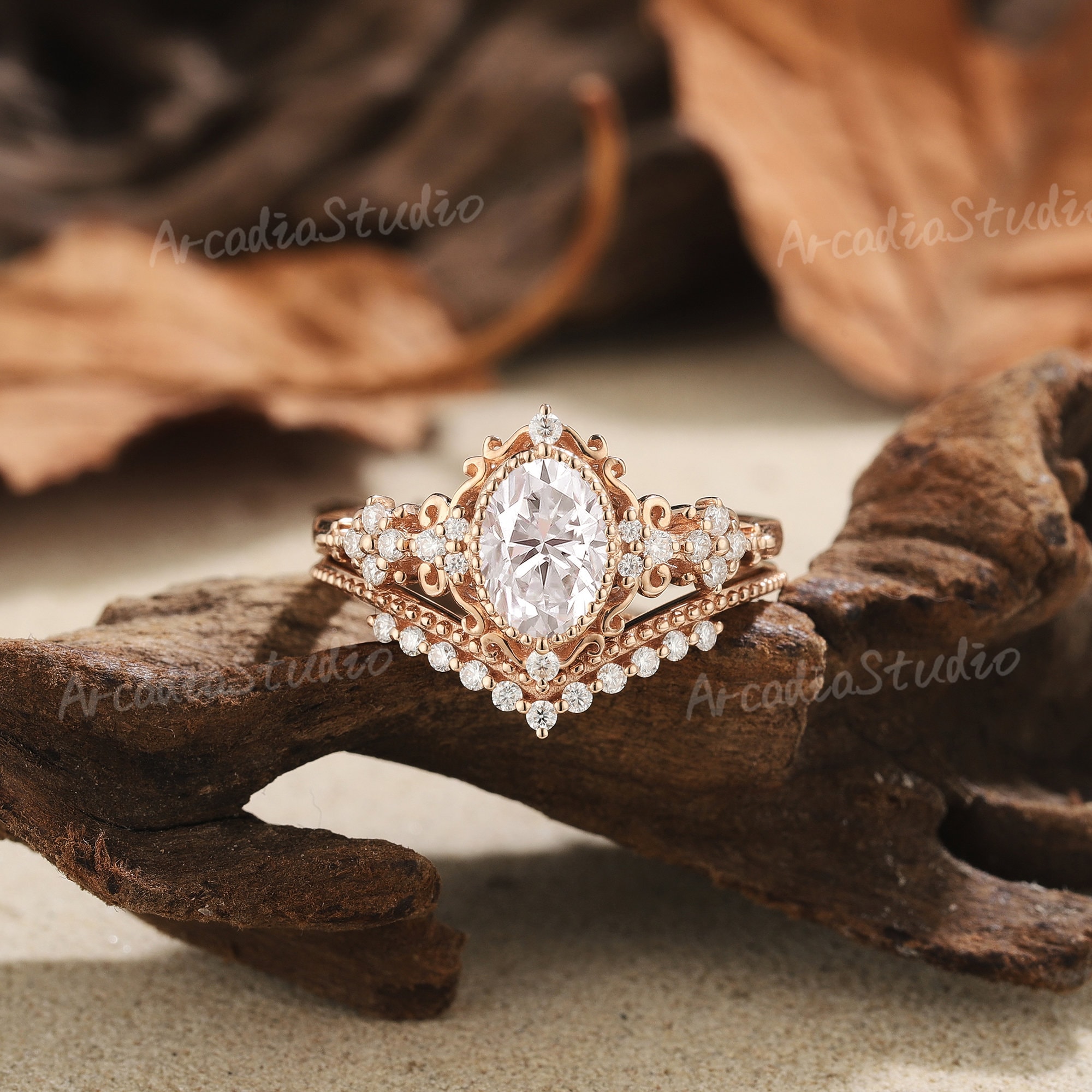 Vintage Oval Moissanite Engagement Ring Set Solid Gold Moissanite ...