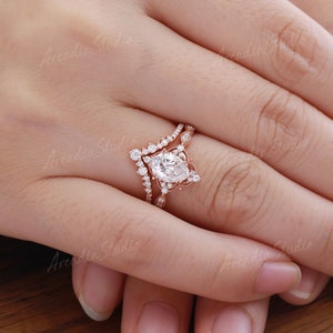 Pear Moissanite Engagement Ring Set Vintage Rose Gold Moissanite Ring Set Art Deco Cluster Moissanite Bridal Set Anniversary Promise Ring image 9