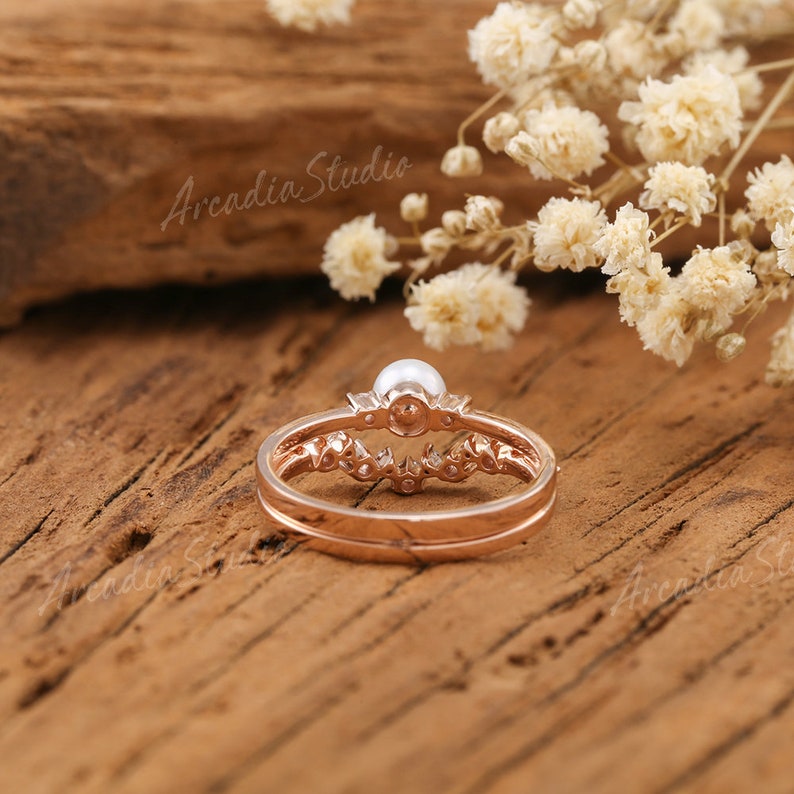Akoya Pearl Engagement Ring Set Rose Gold Bridal Set Cluster Moissanite Half Eternity Wedding Band Curved Antique Rings June Birthstone image 5