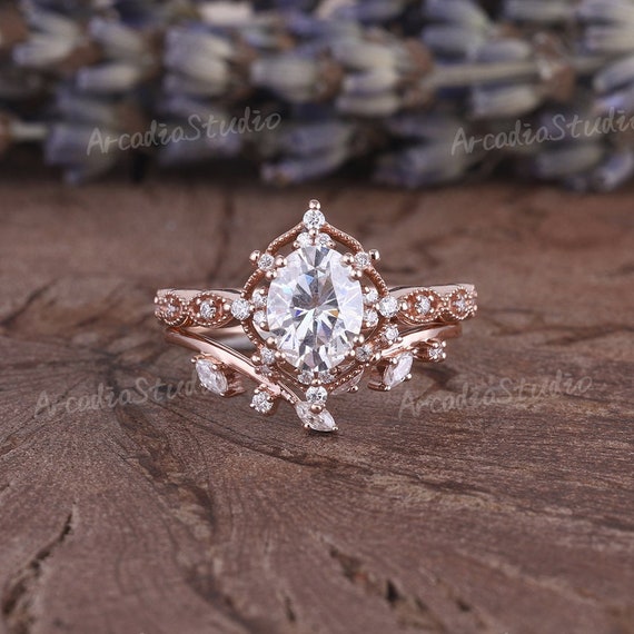 2pc Moissanite Couple Ring Set Unique Rose Gold Leaf Design Male and Female  Wedding Ring Set Diamond Bridal Ring Set Promise Gift for Couple - Etsy