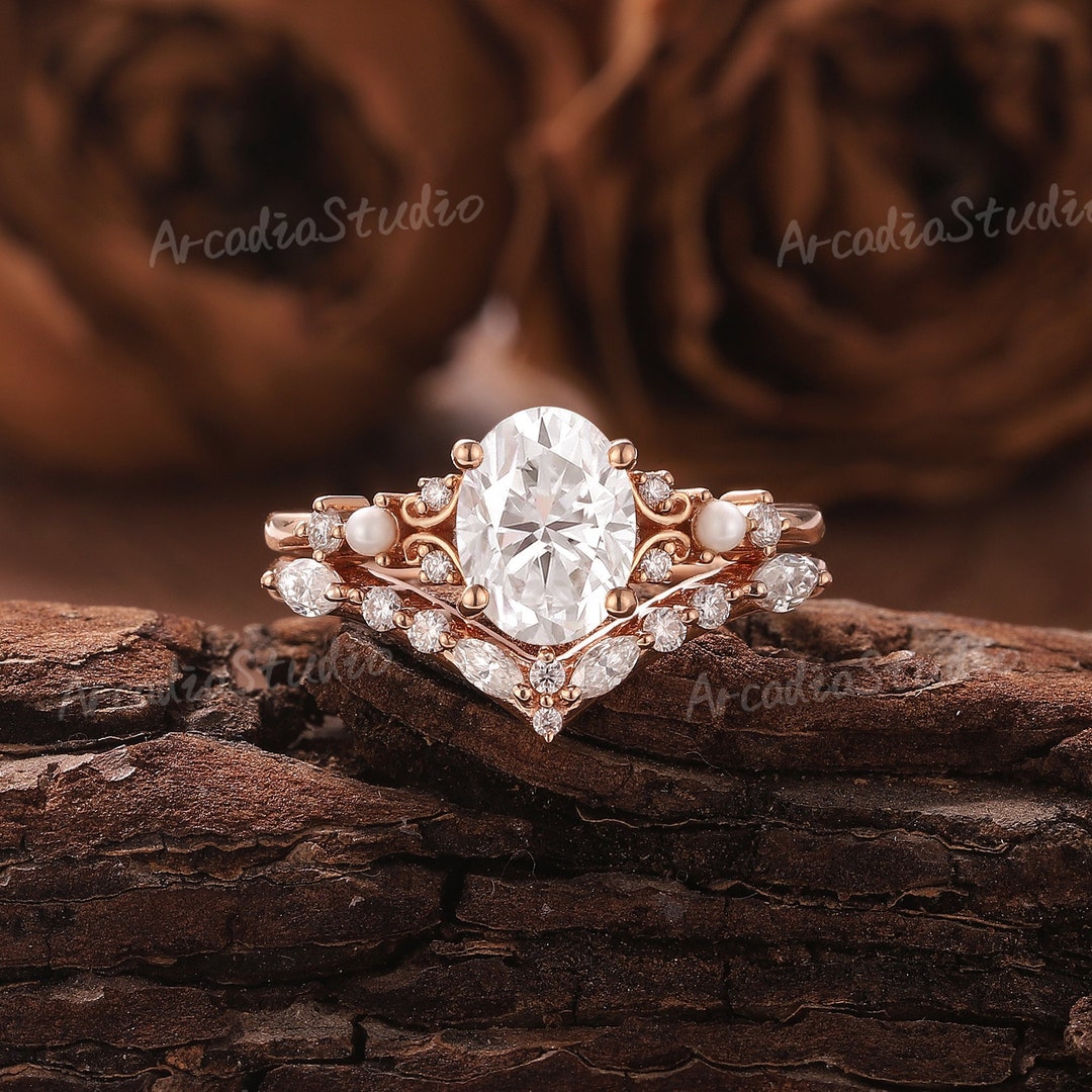 Vintage Moissanite Engagement Ring Set Solid Gold Ring Moissanite ...