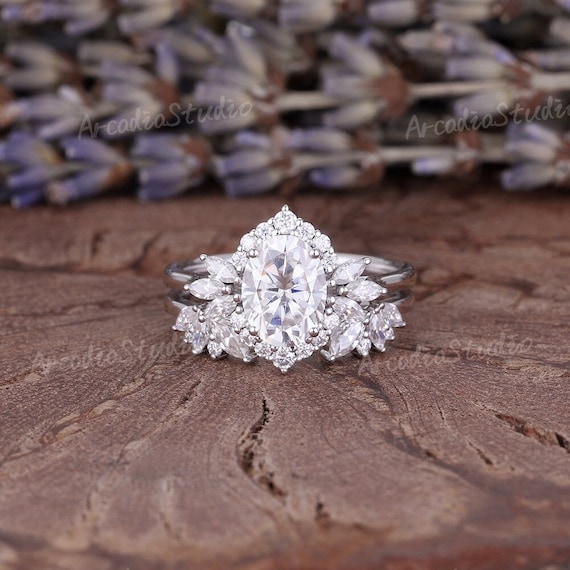 Moissanite Engagement Ring Set Dainty White Gold Halo Wedding Ring