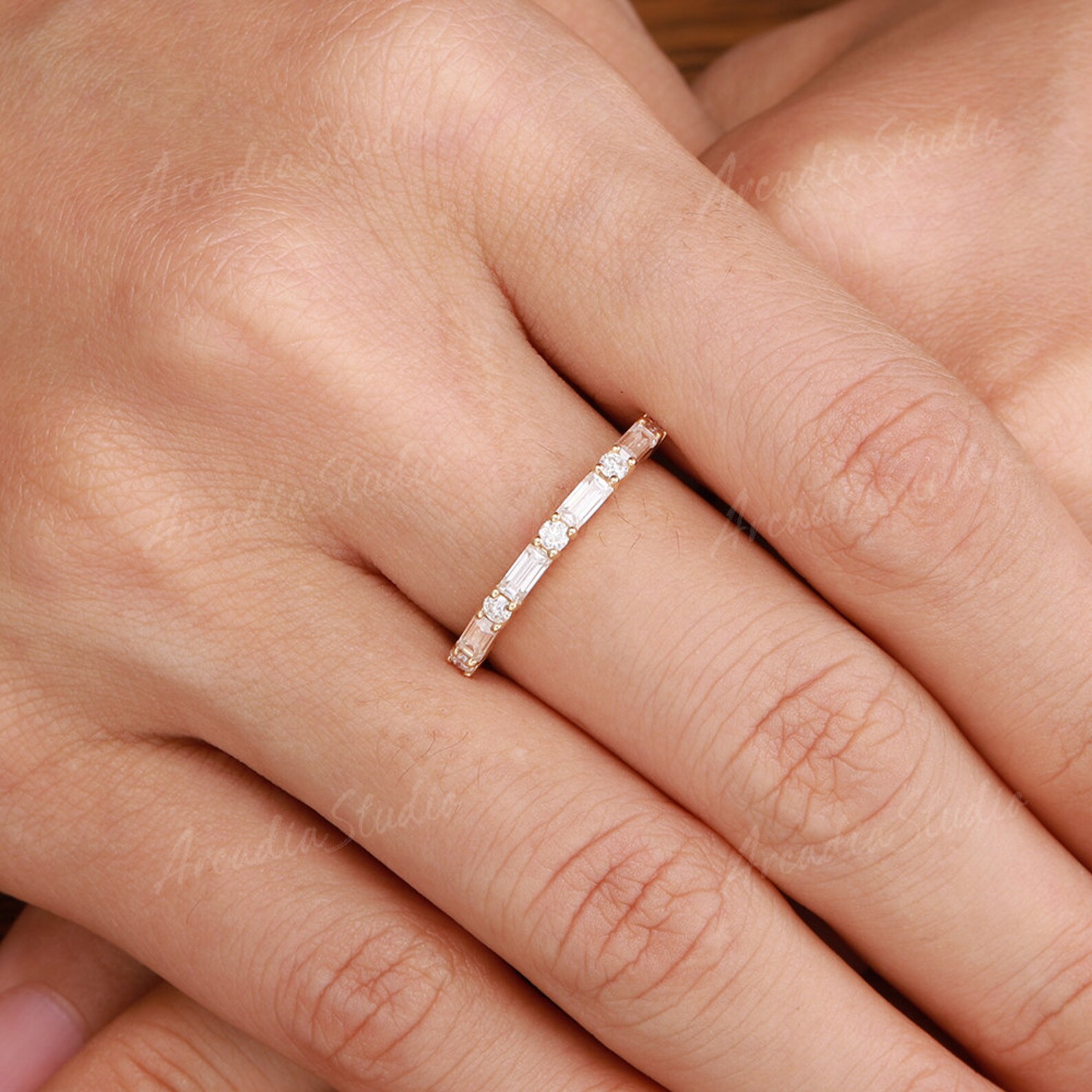 Vintage Moissanite Wedding Band Women Yellow Gold Baguette Cut Round ...