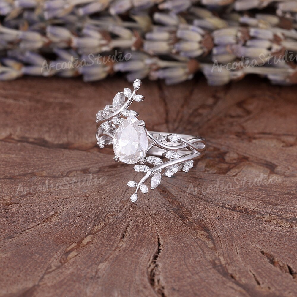 Vintage Moissanite Engagement Ring Set Unique Twisted White Gold Bridal ...