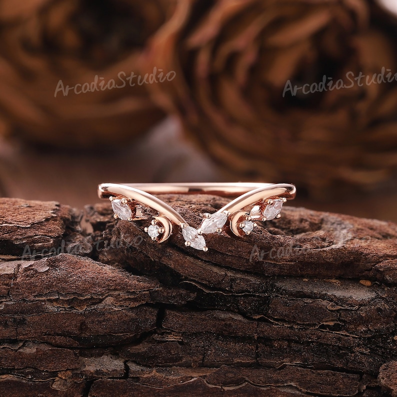 Unique Marquise Moissanite Wedding Band Rose Gold Stacking Ring Art ...