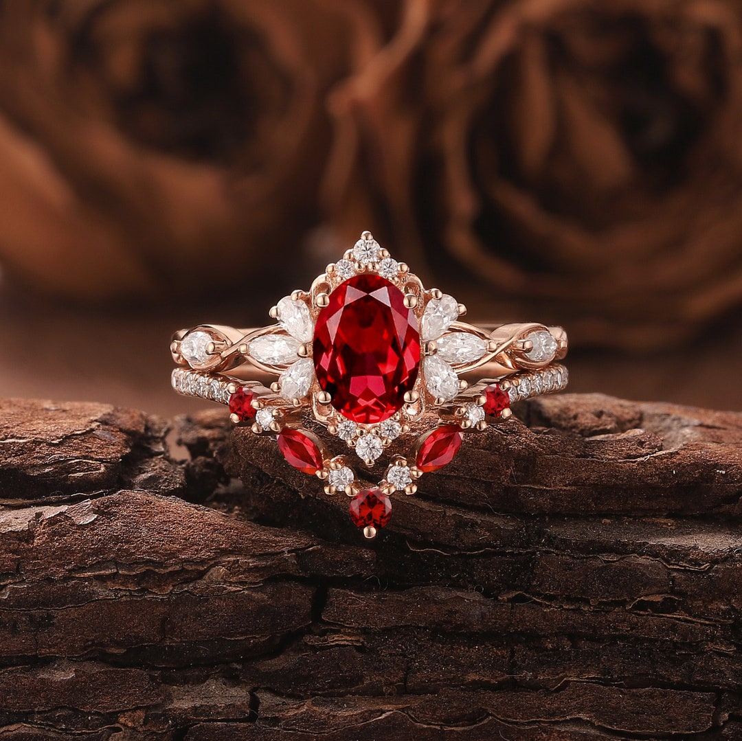 Art Deco Oval Shaped Ruby Engagement Ring Set Rose Gold Moissanite