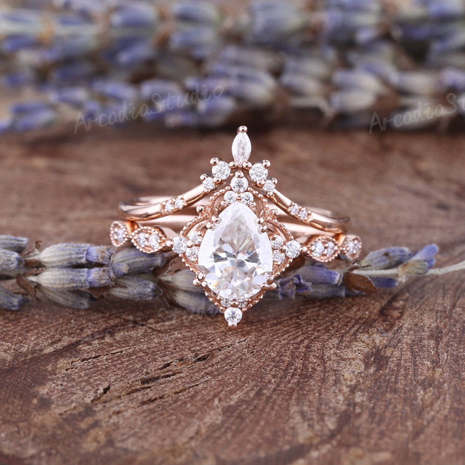 Vintage Moissanite Engagement Ring Set Floral Rose Gold Rings - Etsy
