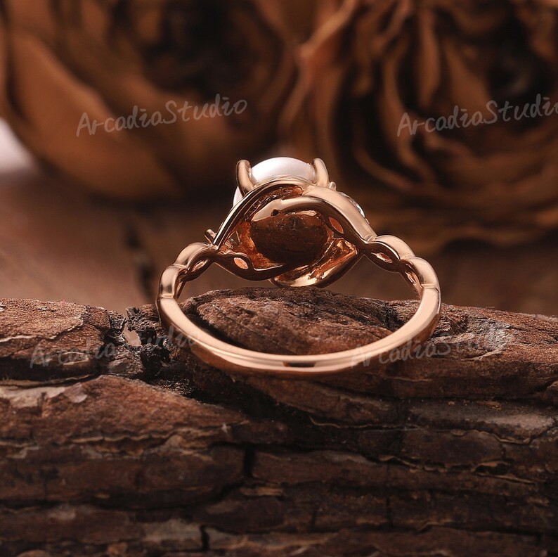 Unique Pearl Rings Unique Akoya Pearl Engagement Ring Vintage Leaf Wedding Ring Dainty ...